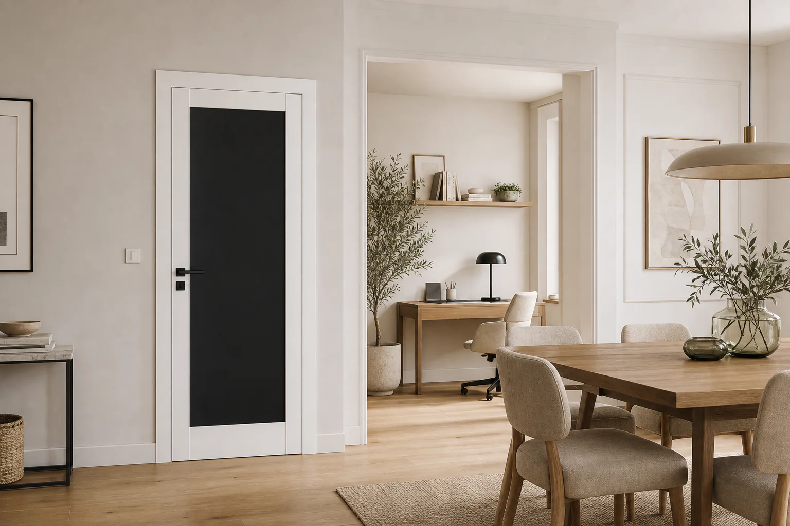 Białe drzwi PORTA Classic Home A.0 z czarnym panelem w jasnej jadalni